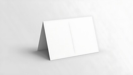 Blank white folded card standing on a white surface in a minimalist studio setting with soft shadows