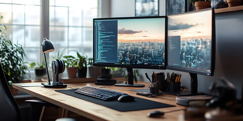 Modern Programmer's Workspace with Dual Monitors Showing Code | Tech Workspace with Dual Monitors and City View for Programming | Software Development Workspace with Coding on Two Monitors

