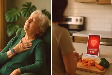Elderly woman's health monitoring with emergency alert on digital device in home setting for senior safety and healthcare awareness design use in warm tones