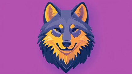 Fototapeta premium Cartoon wolf head portrait on purple background. Possible use Children's book illustration