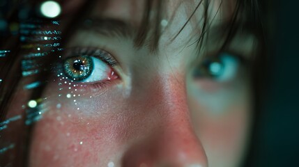Close-Up of Human Eye with Digital Data Overlay and Particles: Future Vision

