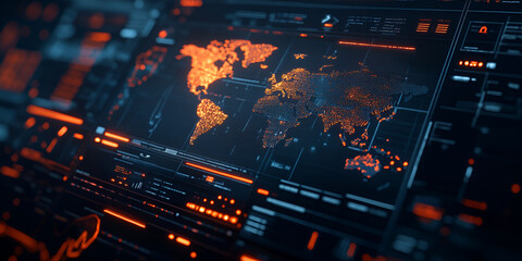 Futuristic Digital World Map on Screen with Data Visualization | High-tech Global Data Analysis with World Map on Display | Digital World Map with Global Data Indicators on Futuristic Interface


