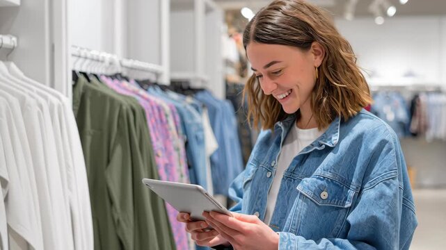 Young woman smiling using tablet in fashion clothing store with casual denim jacket technology style shopping happy experience