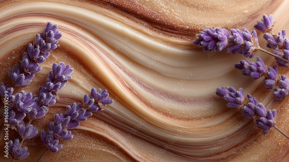 Poster lavender and beige swirls of creamy skincare texture with smooth flowing patterns and ample empty sp