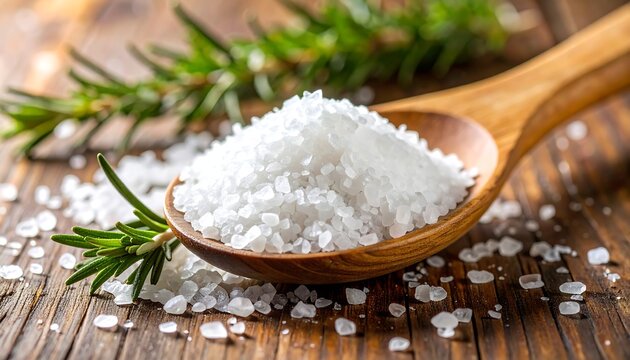 White sea salt in wooden spoon, rosemary sprigs