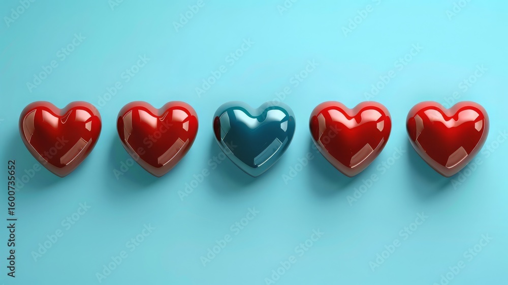 Poster five glossy hearts arranged in a row on a light blue background. the colors range from vibrant red t