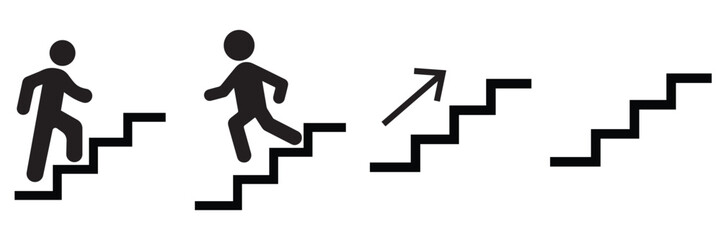 Stairs Icon Set – Man Climbing and Walking Up or Down Staircase Vector Symbol Collection 