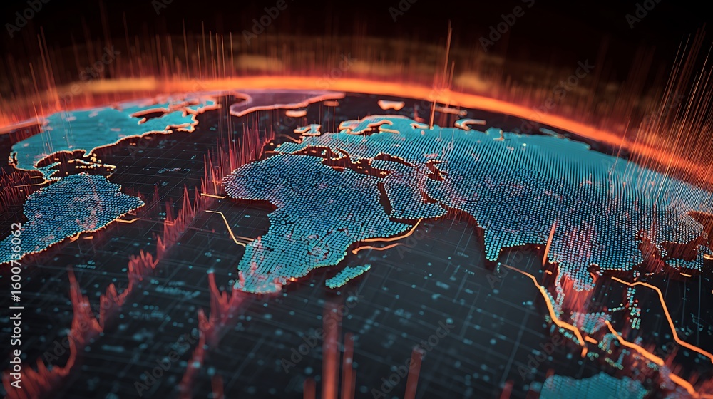 Aufkleber digital world map with glowing data connections: global network technology