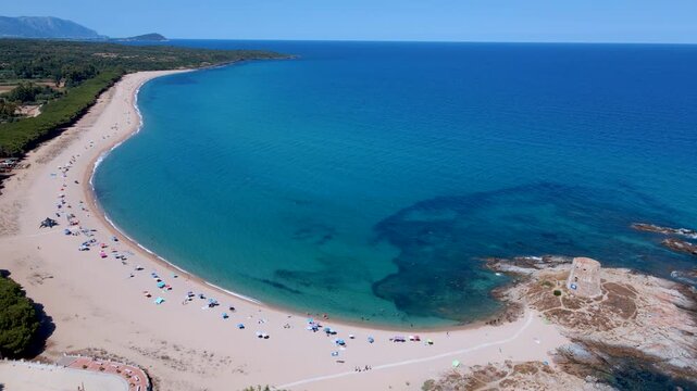 Aerial Drone View of Torre di Bari Sardo Beach and Historic Coastal Tower, Sardinia, Italy