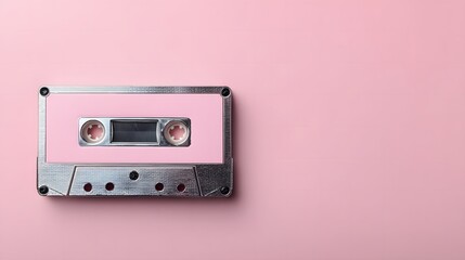 Vintage cassette tape on pastel pink background, retro music style
