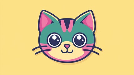 Cute cartoon cat head, stylized, pastel colors, graphic design, possible use for children's products