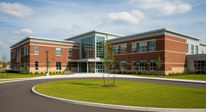 Modern Brick School Building With Large Glass Entrance and Green Lawn