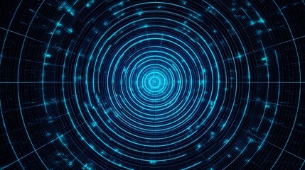 Fototapeta premium A digital abstract image of concentric circles with glowing blue dots and lines, representing futuristic data, technology, or a network concept.