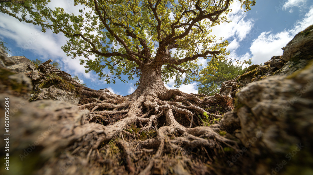 Poster low angle shot of a large tree with exposed roots and a cloudy sky in the background