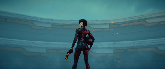 3d rendering rear view of female sci-fi pilot in tight cyber black suit standing holding gun in one hand, helmet under arm against futuristic round aerospace hangar with metal wall panels, sky view.