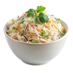 Fresh coleslaw salad in a white bowl isolated on transparent background