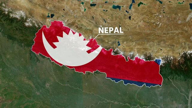 Zoom from Earth to Nepal. (Country Flag) World map animation with highlighted country borders. Satellite 3d world map animation highlights aerial views, tourism, and travel. 4k