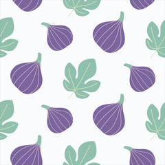 Seamless pattern with dark purple figs on isolated background. Hand drawn design for Autumn harvest holiday, Thanksgiving, Halloween, seasonal, textile, scrap booking, paper crafts.