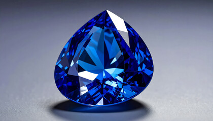 SAPPHIRE in a faceted PEAR shape lies on a grey surface; flat lay; wallpaper