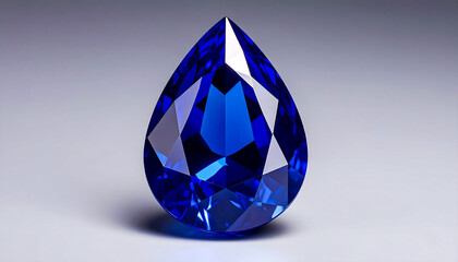 SAPPHIRE in a faceted PEAR shape lies on a grey surface; flat lay; wallpaper