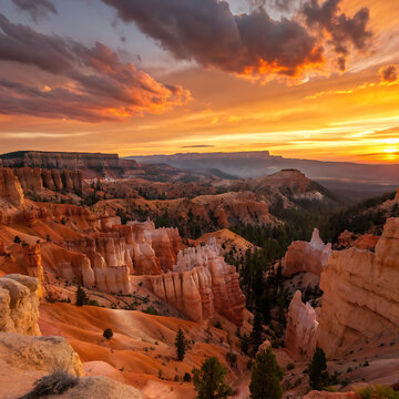 Grand Canyon and Bryce Canyon sunset landscape with red rocks and desert mountains in Arizona and Utah National Parks