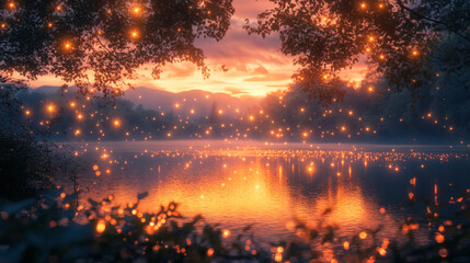 Magical fireflies glowing in a moonlit meadow