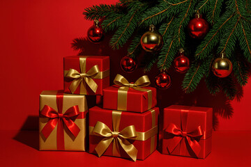 Obraz premium festive christmas scene with red and gold wrapped gifts under decorated tree branch with ornaments creating a joyful holiday atmosphere perfect for seasonal celebrations