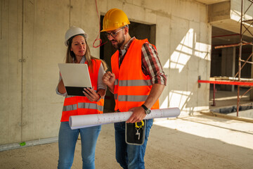 Two construction workers, a man and a woman, wearing safety vests and hard hats, are walking...