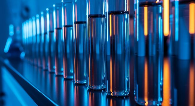 Rows of test tubes filled with various liquids sit on a reflective surface under blue and orange lighting in a laboratory setting.