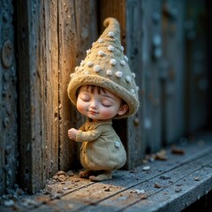 A shy, whimsical munchkin dressed in a textured outfit with polka dots stands serenely against a rustic wooden backdrop, eyes closed in peaceful contentment 