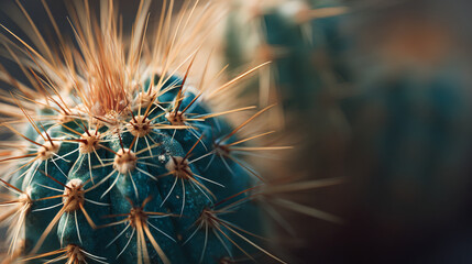 Obraz premium A close up shot of a small green cactus with long brown spikes in a blurred setting