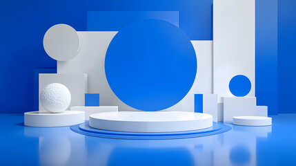 3d rendering of white and blue abstract geometric background. Scene for advertising, technology, showcase, banner, game, sport, cosmetic, business, metaverse. Sci-Fi Illustration. Product display