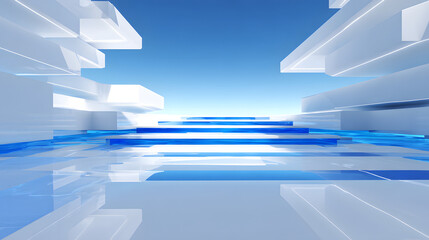 3d rendering of white and blue abstract geometric background. Scene for advertising, technology, showcase, banner, game, sport, cosmetic, business, metaverse. Sci-Fi Illustration. Product display