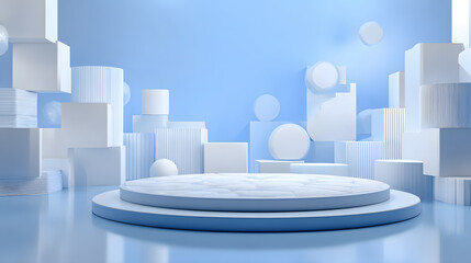 3d rendering of white and blue abstract geometric background. Scene for advertising, technology, showcase, banner, game, sport, cosmetic, business, metaverse. Sci-Fi Illustration. Product display