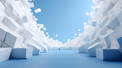 3d rendering of white and blue abstract geometric background. Scene for advertising, technology, showcase, banner, game, sport, cosmetic, business, metaverse. Sci-Fi Illustration. Product display