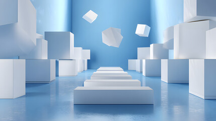 3d rendering of white and blue abstract geometric background. Scene for advertising, technology, showcase, banner, game, sport, cosmetic, business, metaverse. Sci-Fi Illustration. Product display