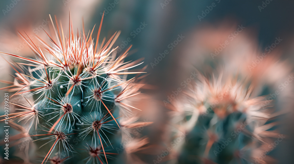 Poster close up of a cactus with sharp spines and a blurred background in soft lighting