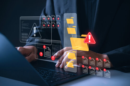 Cybersecurity file breach concept. Digital document and folder warning alert with error. malware attack, data corruption, and information loss through system vulnerability.
