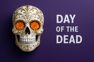 intricate day of the dead sugar skull with marigold flowers on purple background symbolizing mexican cultural heritage and tradition
