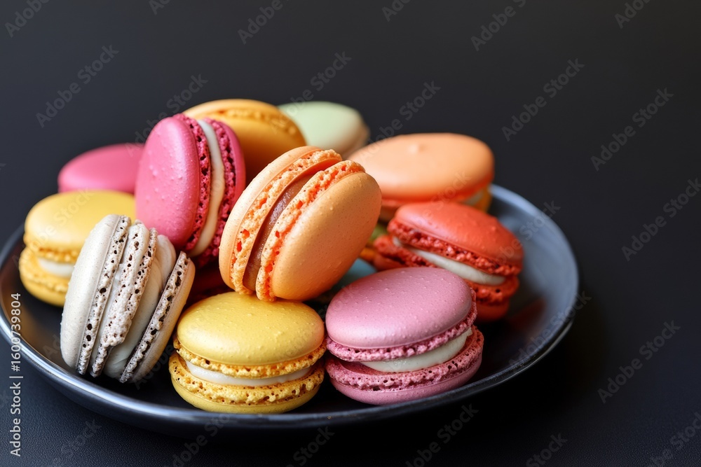 Poster a plate showcases an array of colorful macarons in a variety of hues, beautifully arranged against a