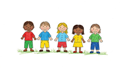 Naive children’s crayon drawing of five smiling kids of different ethnicities standing on grass, concept of diversity and unity, with copy space