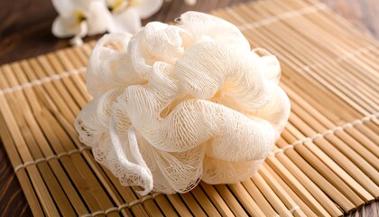 White textured bath loofah on bamboo mat
