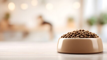 Pet food bowl filled with dry kibble on wooden surface indoors