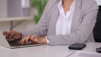 Adult Business Professional Hands Typing Laptop Computer Working Productively In Modern Office...