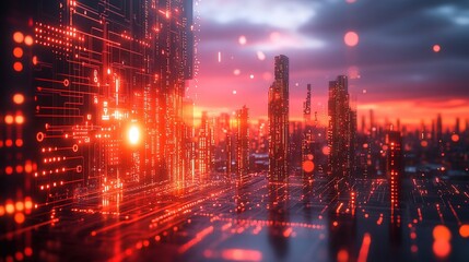Futuristic Cityscape with Digital Circuitry Overlay at Sunset
