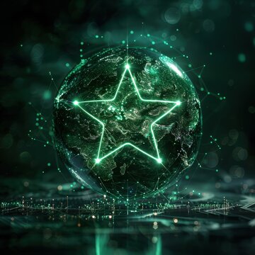 A glowing green star is superimposed on a detailed digital globe, with network lines connecting points across the planet. This represents global success, top ratings, or a worldwide network of excelle