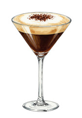 Espresso martini cocktail with foam cocoa in watercolor illustration, cut out