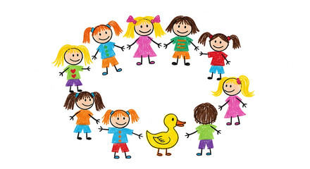 Fototapeta premium Children holding hands in a circle around a duck in naive crayon drawing style on white background, symbol of friendship and play, with copy space