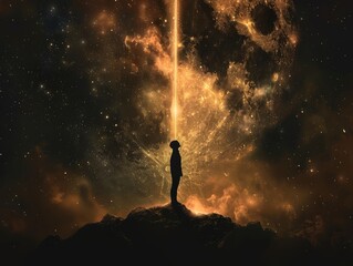 A silhouette of a person stands on a mountain peak, bathed in a divine beam of light from a massive, textured moon. The epic cosmic scene evokes wonder, destiny, and spiritual connection