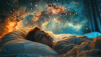 A person sleeps peacefully in a cozy bed while the cosmos, a vibrant orange and blue nebula, unfolds above them. The image beautifully illustrates the worlds of dreams, imagination, and deep sleep